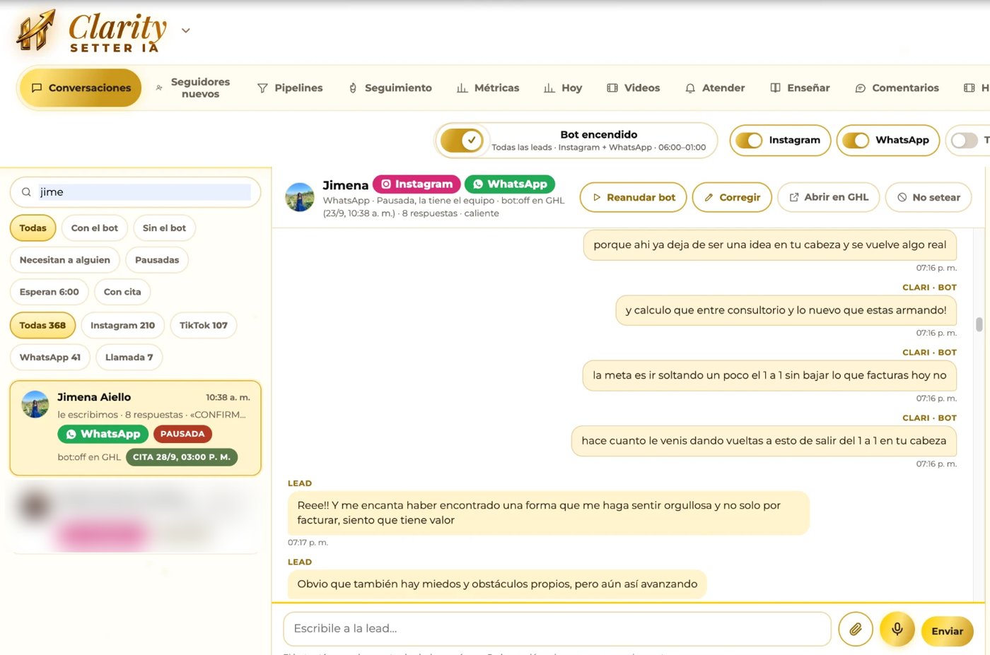 El panel de Clarity Setter IA con la conversación